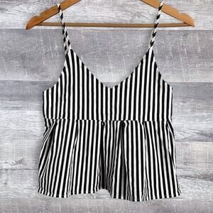 Shein V Neck Babydoll Peplum Tank Black White Striped Juniors L Cropped Top
